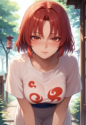 touhou,sendai_hakurei_no_miko,handwritten script shirt,dolphin shorts  - AI generated anime art