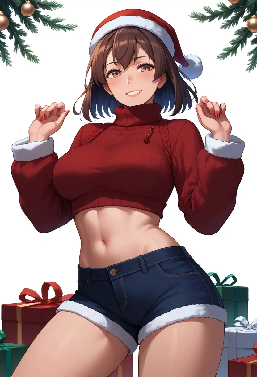 kantai_collection,sendai_kai_ni_(kancolle),Christmas,red velvet shorts,turtleneck sweater  - 