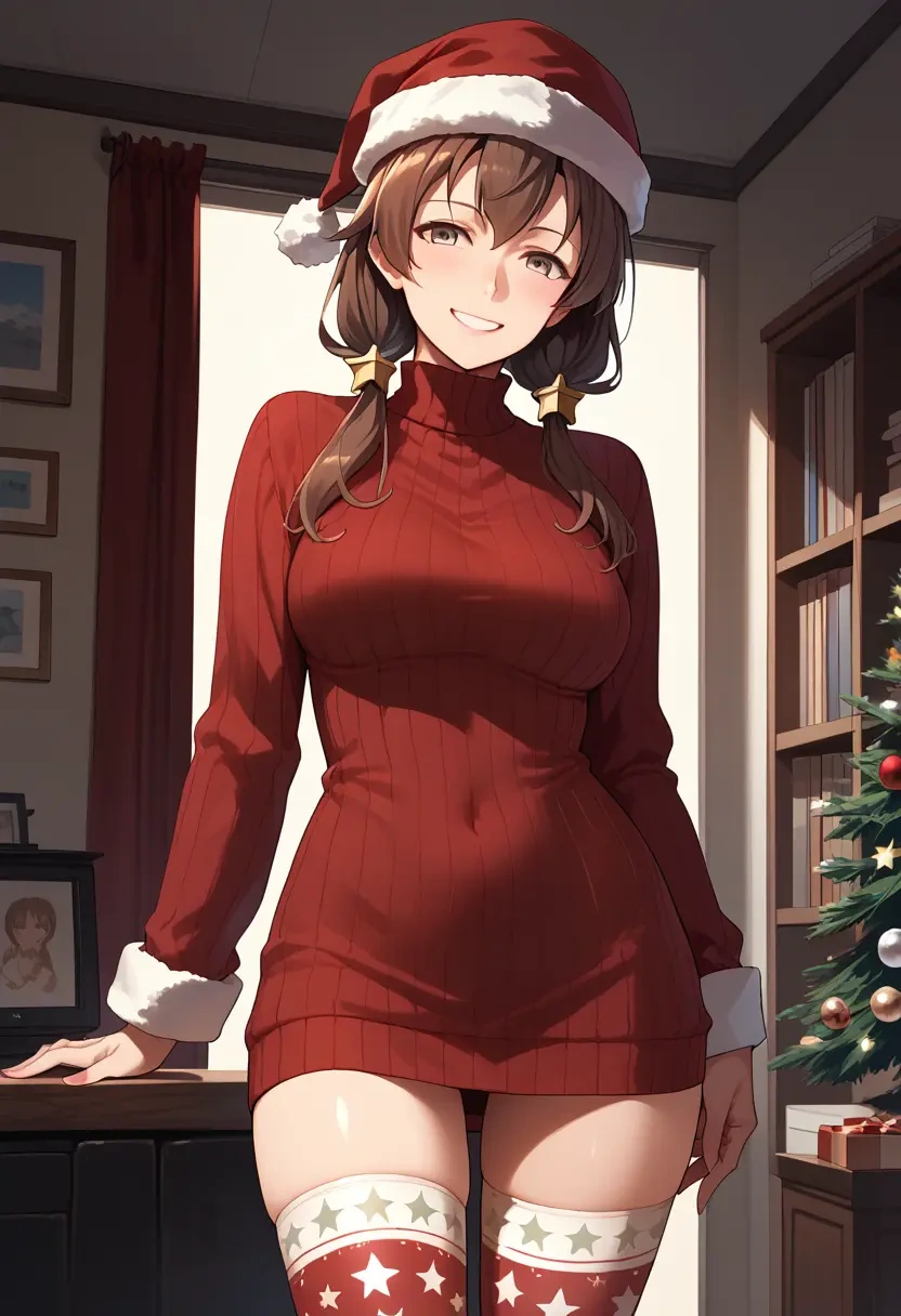 kantai_collection,sendai_kai_ni_(kancolle),Christmas,sweater dress,stockings  - 