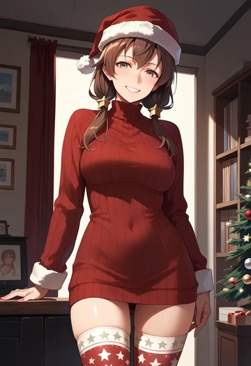 kantai_collection,sendai_kai_ni_(kancolle),Christmas,sweater dress,stockings  - AI generated anime art