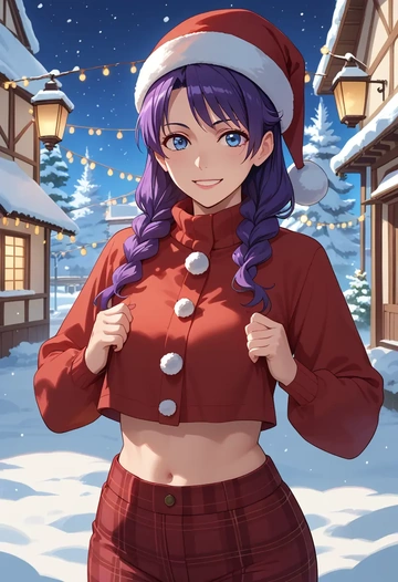 monogatari_(series),senjougahara_hitagi,Christmas,plaid trousers  - AI generated anime art