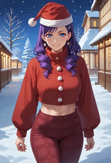 monogatari_(series),senjougahara_hitagi,Christmas,plaid trousers  - AI generated anime art