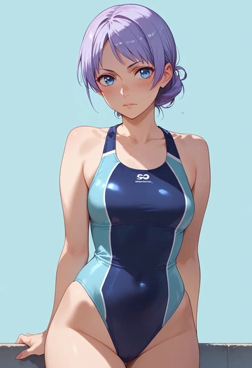 monogatari_(series),senjougahara_hitagi,racerback swimsuit,striped trim,name tag patch  - AI generated anime art