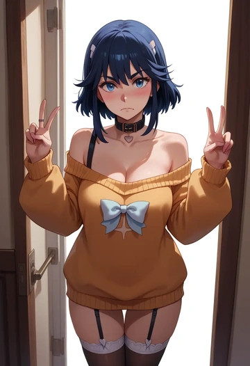 kill_la_kill,senketsu,blushing,collar,off-shoulder,sweater,stockings  - AI generated anime art