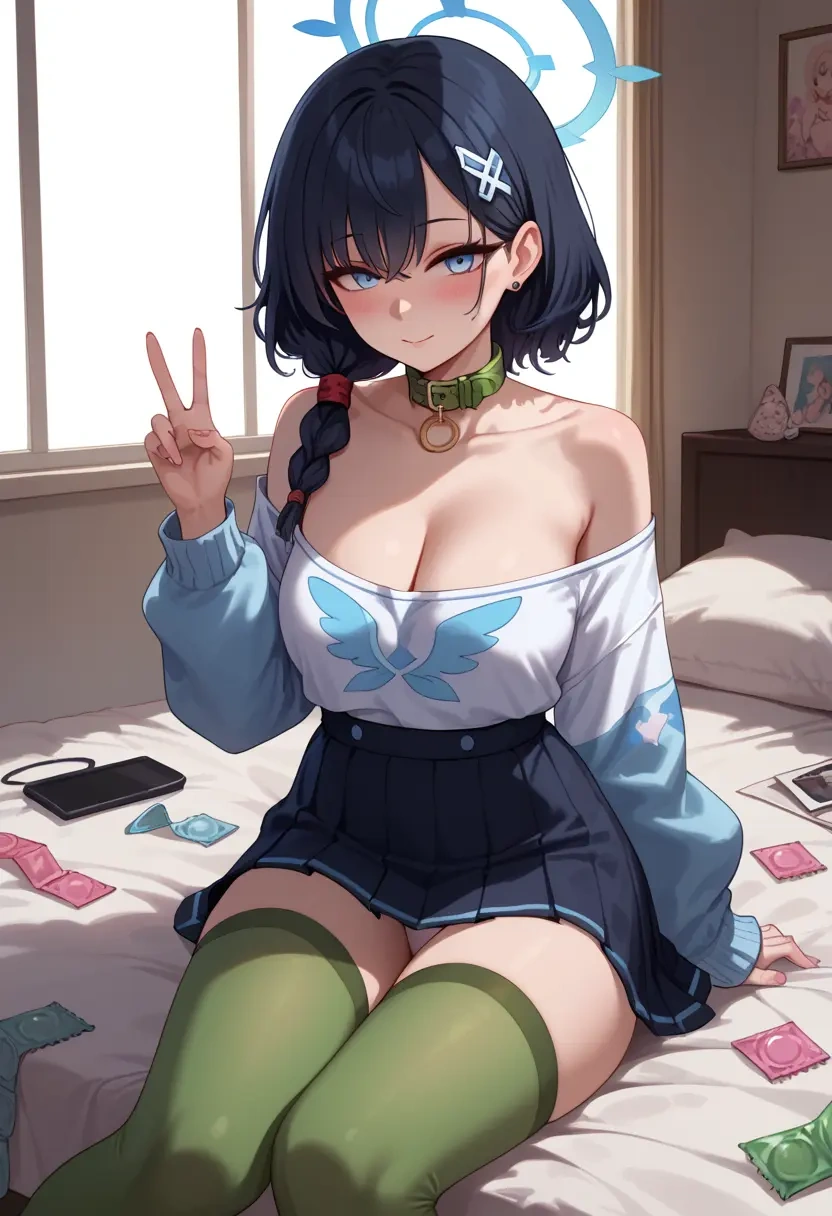 blue_archive,sensei_(blue_archive),blushing,collar, peace sign, condom,mini skirt,Thigh garters  - 