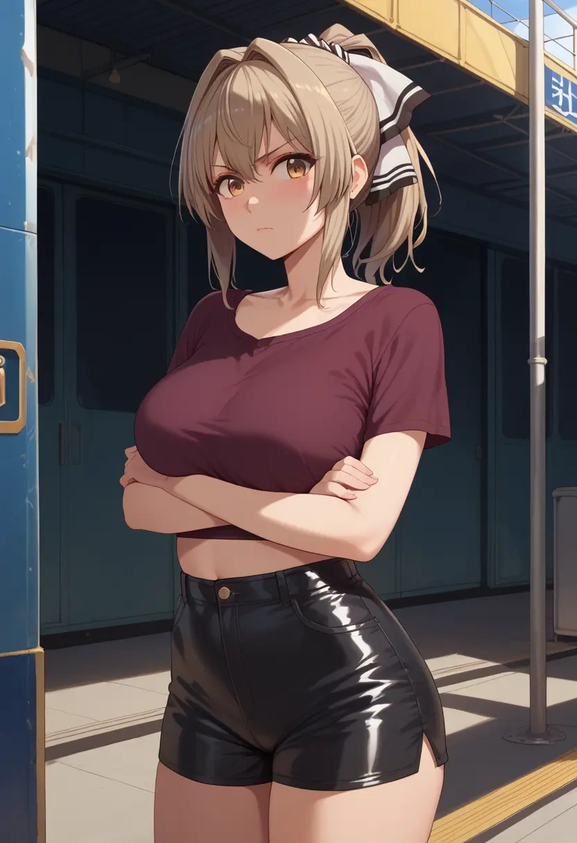 amagi_brilliant_park,sento_isuzu,leather,shorts,crop top  - 