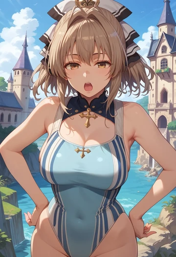 amagi_brilliant_park,sento_isuzu,racerback swimsuit,striped trim,name tag patch  - AI generated anime art