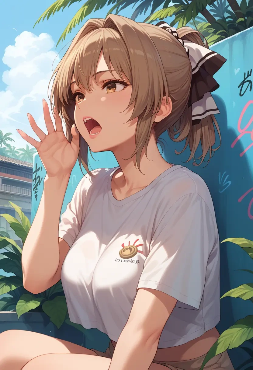 amagi_brilliant_park,sento_isuzu,crop graffiti tee,dolphin shorts  - 