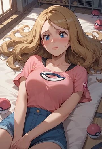 pokemon,serena_(pokemon),pop art shirt,dolphin shorts  - AI generated anime art