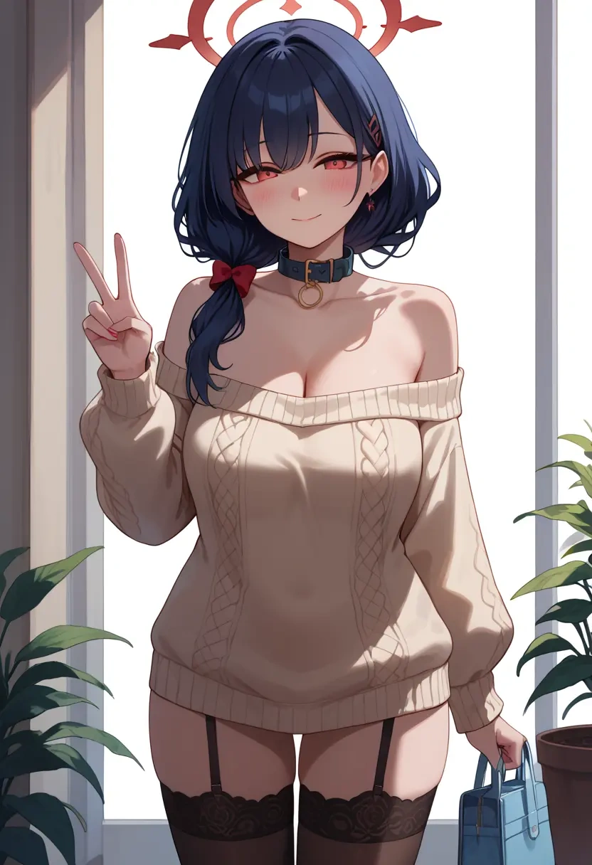 blue_archive,serika_(blue_archive),blushing,collar,off-shoulder,sweater,stockings  - 