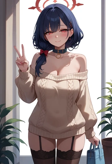 blue_archive,serika_(blue_archive),blushing,collar,off-shoulder,sweater,stockings  - AI generated anime art