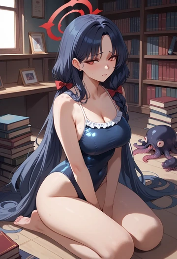 blue_archive,serika_(blue_archive),retro style swimsuit,frilled neckline,bow detail  - AI generated anime art