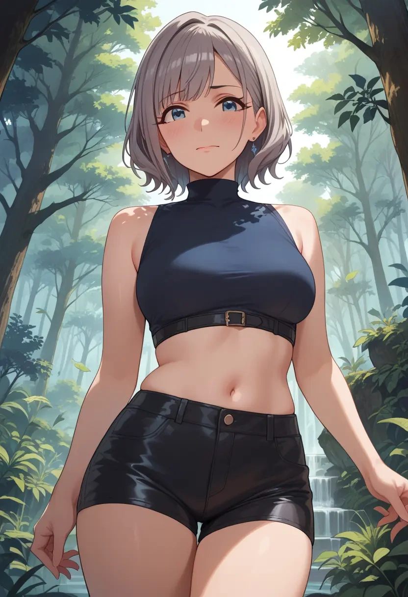 idolmaster,serizawa_asahi,leather,shorts,crop top  - 