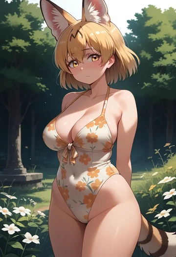 kemono_friends,serval_(kemono_friends),swimsuit,floral print  - AI generated anime art