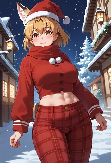 kemono_friends,serval_(kemono_friends),Christmas,plaid trousers  - AI generated anime art