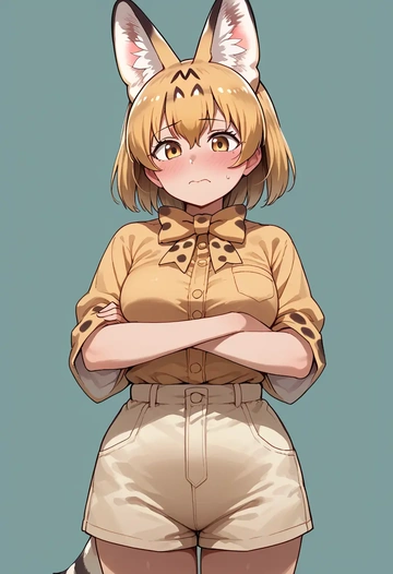 kemono_friends,serval_(kemono_friends),graphic tee,shorts,sneakers  - AI generated anime art