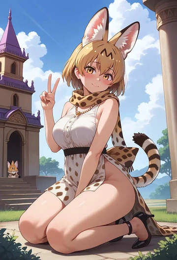 kemono_friends,serval_(kemono_friends),spring,elegant woman,wrap dress  - AI generated anime art