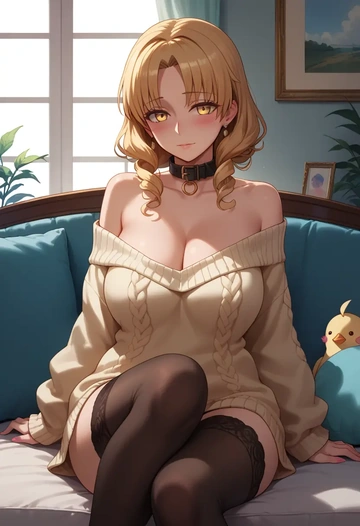 fate_(series),sessyoin_kiara,blushing,collar,off-shoulder,sweater,stockings  - AI generated anime art