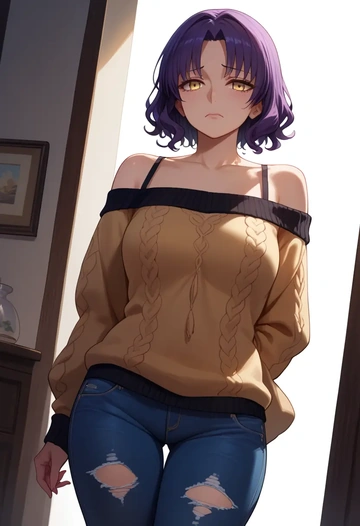 fate_(series),sessyoin_kiara,sweater,off-shoulder,ripped jeans  - AI generated anime art