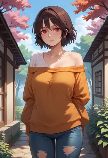 touhou,shameimaru_aya,sweater,off-shoulder,ripped jeans  - AI generated anime art