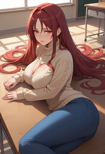 shakugan_no_shana,shana,teacher, sweater, jeans shorts  - AI generated anime art