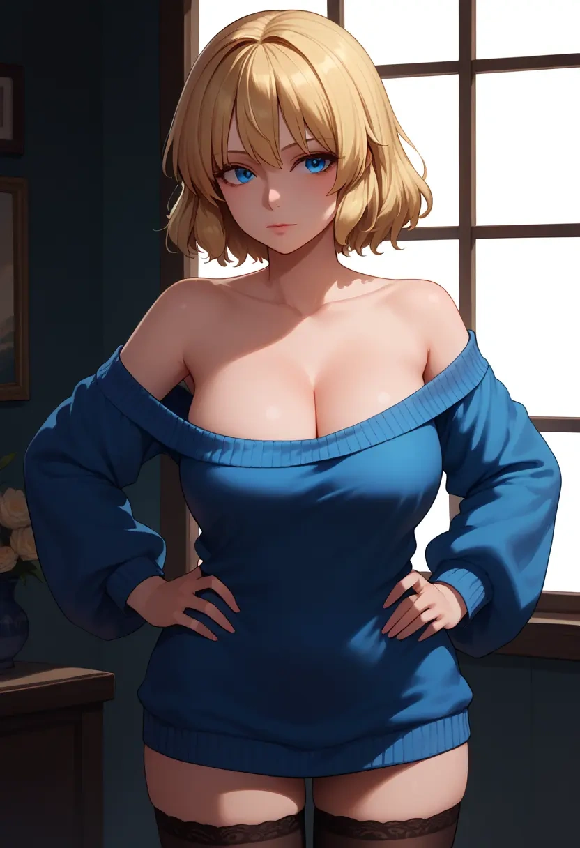 touhou,shanghai_doll,Hands on hips,off-shoulder,sweater,stockings  - 