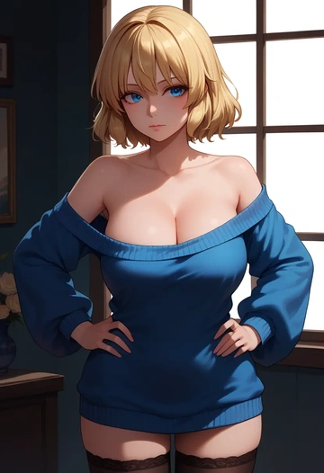 touhou,shanghai_doll,Hands on hips,off-shoulder,sweater,stockings  - AI generated anime art