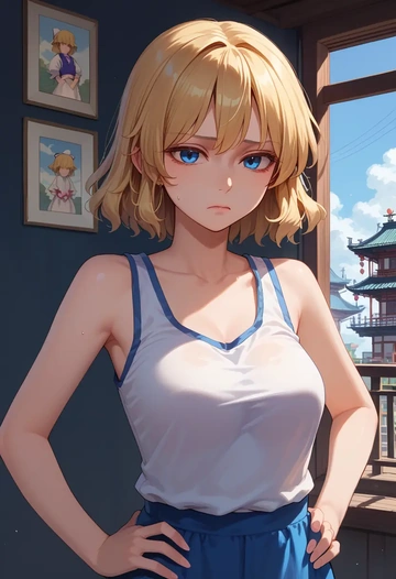 touhou,shanghai_doll,tank top,mesh,cycling shorts  - AI generated anime art