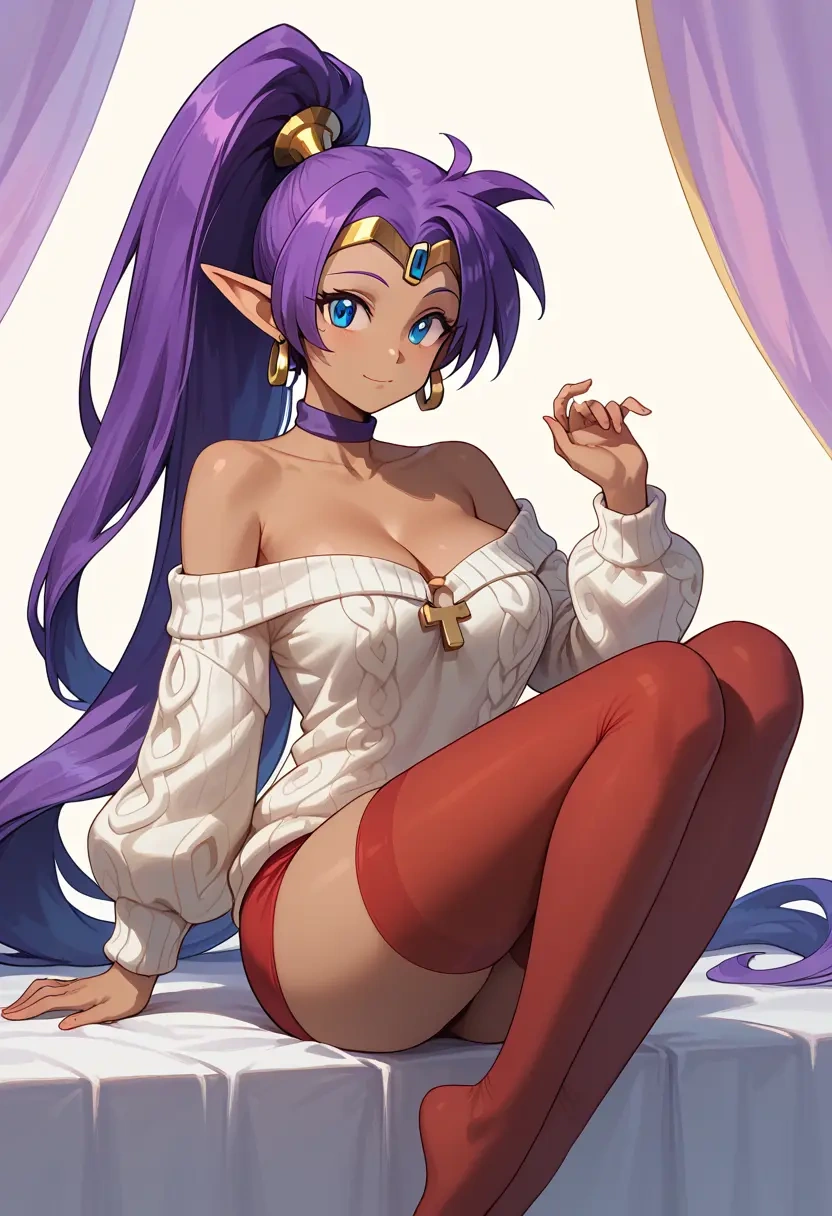 shantae_(series),shantae,cross-legged,off-shoulder,sweater,stockings  - 