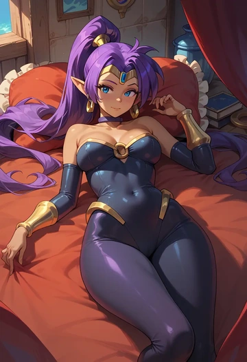 shantae_(series),shantae,black widow bodysuit,spiderweb cape,leather gloves  - AI generated anime art