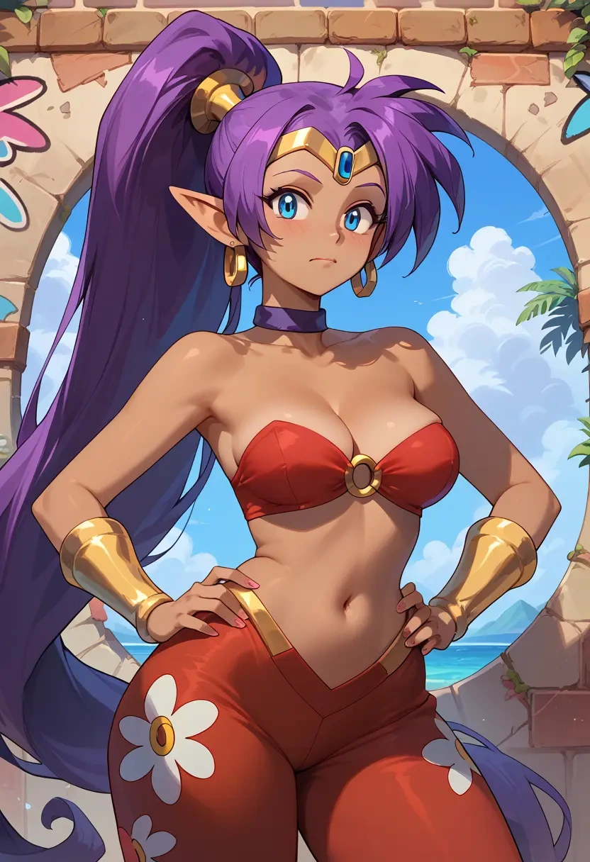 shantae_(series),shantae,floral graffiti blouse,dolphin shorts  - 