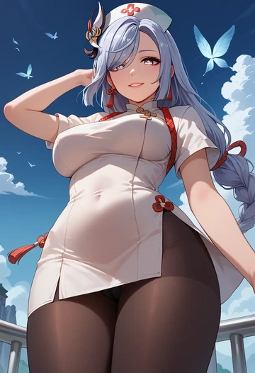 genshin impact,shenhe_(genshin_impact),nurse pantyhose,mini skirt, sexy  - AI generated anime art