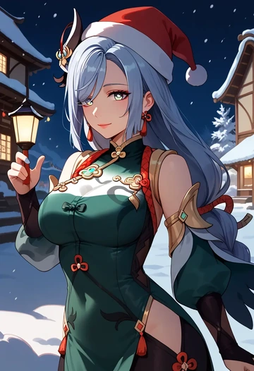 genshin impact,shenhe_(genshin_impact),Christmas,dress  - AI generated anime art