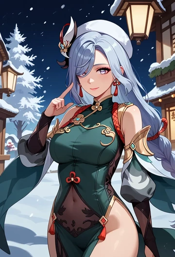 genshin impact,shenhe_(genshin_impact),Christmas,dress  - AI generated anime art