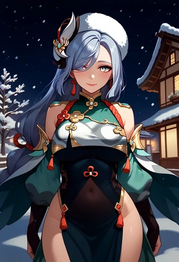 genshin impact,shenhe_(genshin_impact),Christmas,dress  - AI generated anime art