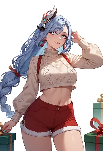 genshin impact,shenhe_(genshin_impact),Christmas,red velvet shorts,turtleneck sweater  - AI generated anime art