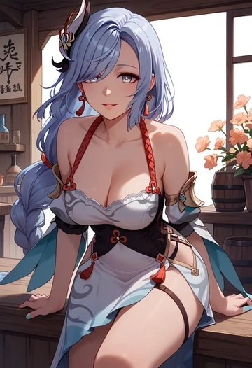 genshin impact,shenhe_(genshin_impact),silk slip dress,floral prints  - AI generated anime art