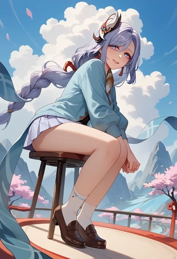 genshin impact,shenhe_(genshin_impact),spring,student uniform,cardigan  - AI generated anime art