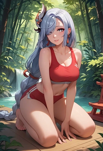 genshin impact,shenhe_(genshin_impact),sports bra,high-waisted leggings  - AI generated anime art