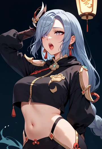 genshin impact,shenhe_(genshin_impact),crop hoodie,shorts  - AI generated anime art