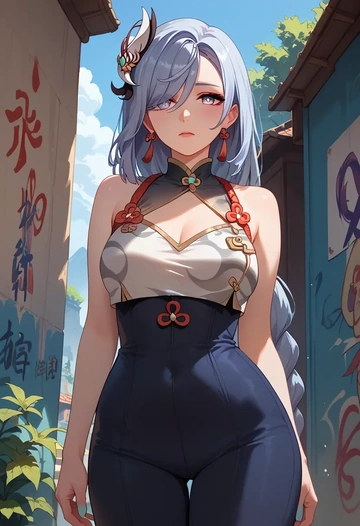 genshin impact,shenhe_(genshin_impact),floral graffiti blouse,dolphin shorts  - AI generated anime art