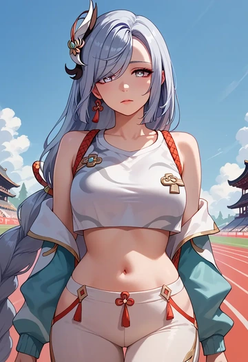 genshin impact,shenhe_(genshin_impact),off-shoulder top,dolphin shorts  - AI generated anime art