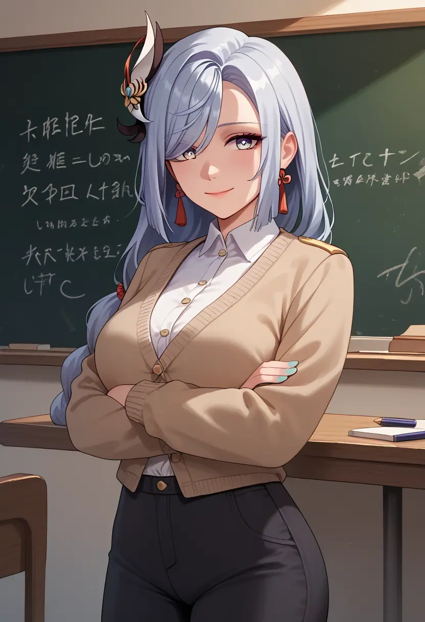 genshin impact,shenhe_(genshin_impact),teacher, sweater  - 