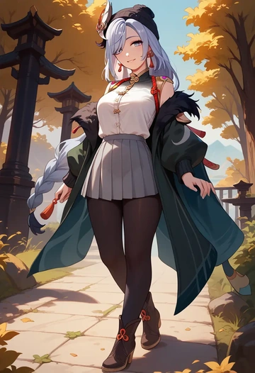 genshin impact,shenhe_(genshin_impact),winter,student uniform,duffle coat  - AI generated anime art