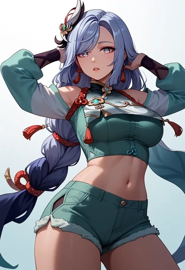 genshin impact,shenhe_(genshin_impact),red velvet shorts  - AI generated anime art