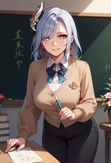 genshin impact,shenhe_(genshin_impact),teacher, sweater  - AI generated anime art