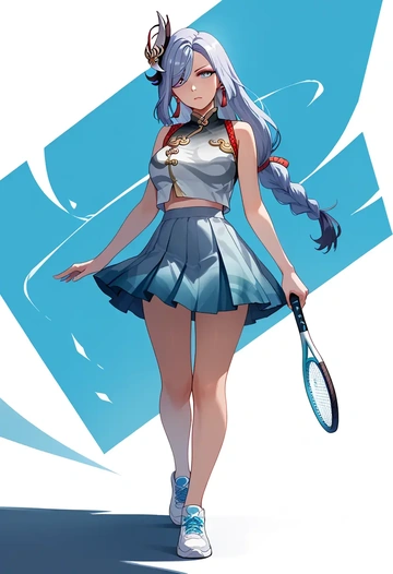 genshin impact,shenhe_(genshin_impact),tennis skirt  - AI generated anime art