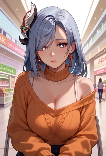 genshin impact,shenhe_(genshin_impact),orange,sweater  - AI generated anime art