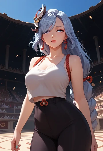 genshin impact,shenhe_(genshin_impact),tank top,mesh,cycling shorts  - AI generated anime art