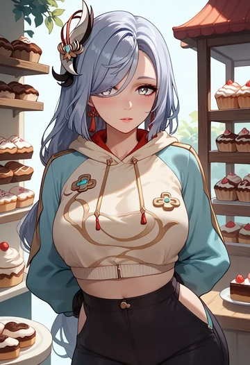 genshin impact,shenhe_(genshin_impact),crop hoodie,shorts  - AI generated anime art